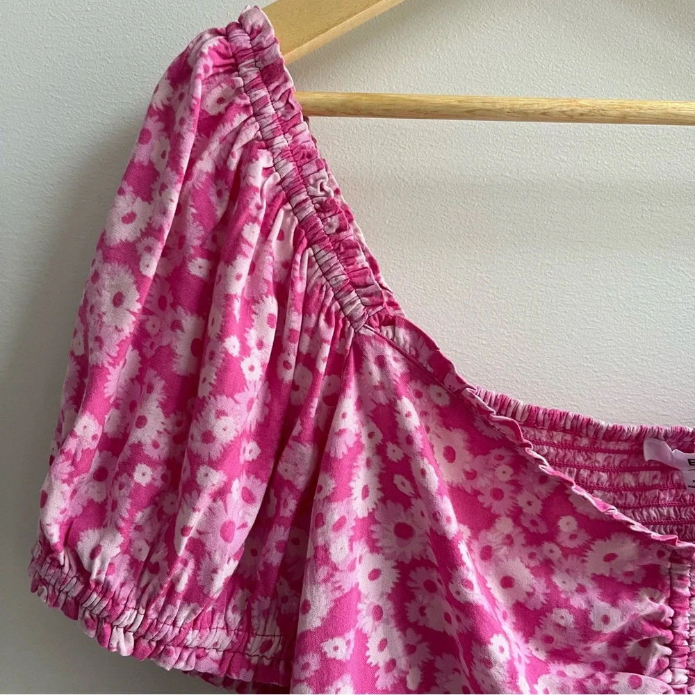 [bp] daisy print puff sleeve peasant tie front crop top pink L